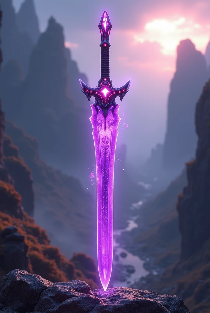  A heroic fantasy sword inspired by the "Kamen Rider" series, designed to be used by a hero. The sword has a sleek, powerful look with a blade made of a soft, translucent purple material, giving it a unique, glowing appearance. The blade is slightly curved and dynamic, emphasizing its readiness for battle. The grip is ergonomic and sleek, with black as the base color, accented with red and purple highlights, designed for comfort and control. In the middle of the sword, there's a glowing, gem-like "Golbo" device embedded, which illuminates the sword with vibrant energy when activated. The overall design is bold, sleek, and iconic, with the translucent purple blade adding a distinct and heroic feel.