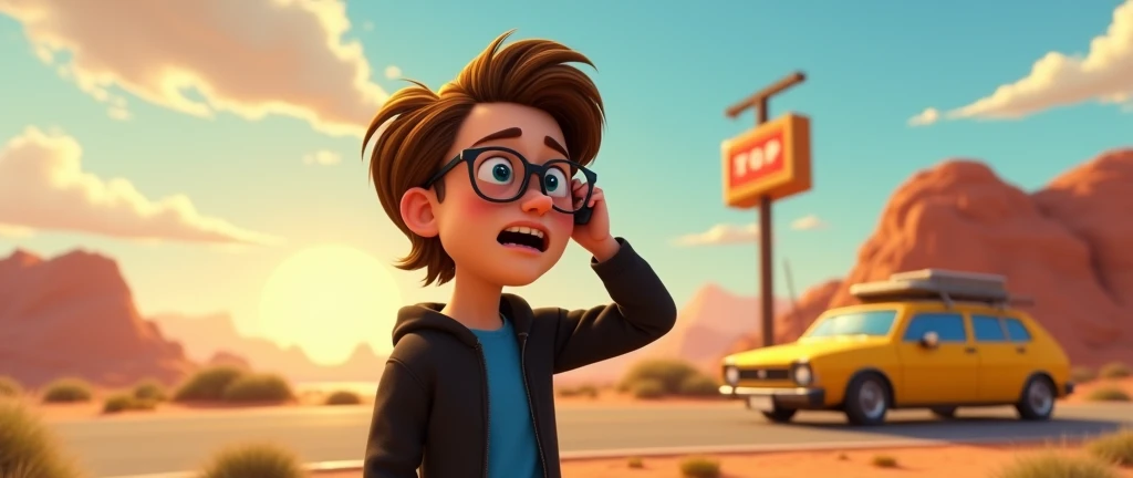 a male animated movie character in the Disney Pixar style, high qualiy, best quality , black fleece sweater blue shirt , Wear nerd glasses,  , long  hair , Happy young man  ,  he's on the road in the desert near a gas station, worried in the hot sun, warmth , hand on head holding a cell phone, yellow car next to it with a luggage rack , facial expression open mouth teeth tongue 