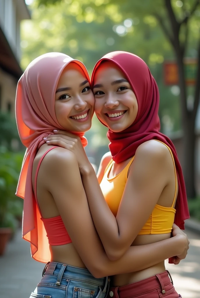 two indonesian hijab lesbian girl,bra only and short pants only,hugging,kissing,realistic,hd details,look to the viewer