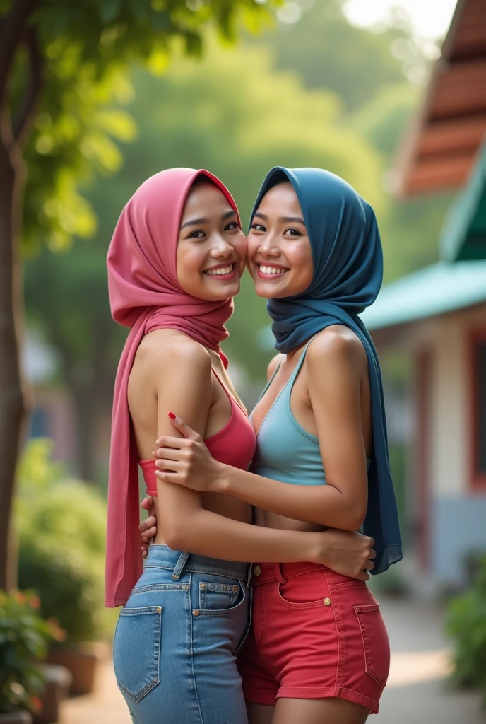two indonesian hijab lesbian girl,bra only and short pants only,hugging,kissing,realistic,hd details,look to the viewer