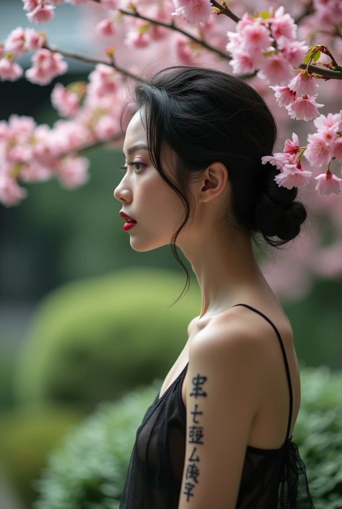 editorial photography,super detailed background,Super realistic,double exposure,depth of field,cool beauty skinny vides,soft focus tone,narrative scene,Zen temple garden,open Crimson lips,Wabi-Sabi,narrow eyes,Kanji tattoo,profile,waist shot,