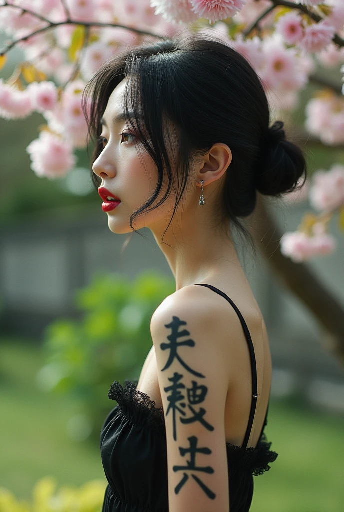 editorial photography,super detailed background,Super realistic,double exposure,depth of field,cool beauty skinny vides,soft focus tone,narrative scene,Zen temple garden,open Crimson lips,Wabi-Sabi,narrow eyes,Kanji tattoo,profile,waist shot,