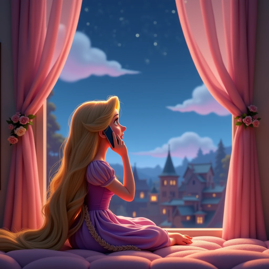 Create a cute, stylish,beautiful realstic 3d animated-style image inside home sitting
realstic women Rapunzel tangled speaking his mobile on his ear should be on a looking up at fluffy night time clouds in the sky on window. The background should show a calm, serene scene with a few trees or rooftops visible.