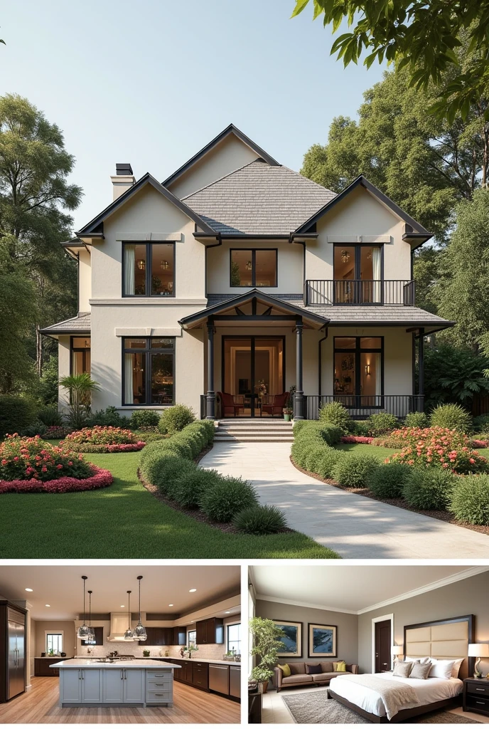 beautifully designed collage showing different aspects of a modern, elegant home. The collage includes the following views: a two-story house exterior with a landscaped front yard, a bright and spacious living room with contemporary furniture, a sleek and modern kitchen with an island and stainless steel appliances, and a cozy bedroom with a king-sized bed and soft, neutral decor. Each view is arranged in a visually pleasing way within the frame, with subtle borders separating each section."