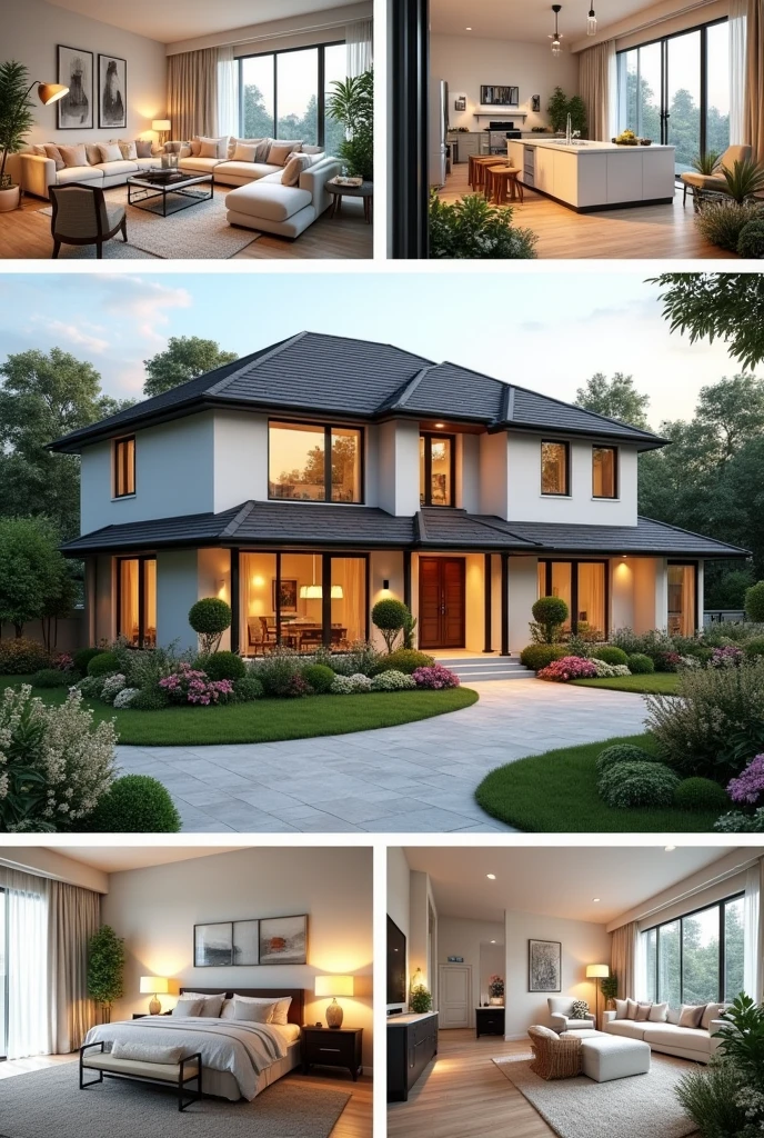 beautifully designed collage showing different aspects of a modern, elegant home. The collage includes the following views: a two-story house exterior with a landscaped front yard, a bright and spacious living room with contemporary furniture, a sleek and modern kitchen with an island and stainless steel appliances, and a cozy bedroom with a king-sized bed and soft, neutral decor. Each view is arranged in a visually pleasing way within the frame, with subtle borders separating each section."