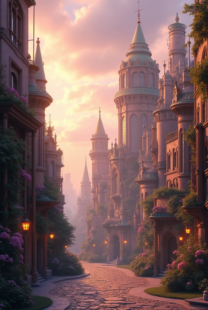 A city with towering, brass-covered buildings and winding, cobblestone streets. The sky is a blend of soft pastels, and the atmosphere feels like a surreal 1950s dream. Gears and cogs are subtly embedded in the architecture, creating a seamless blend of steampunk and dreamcore aesthetics