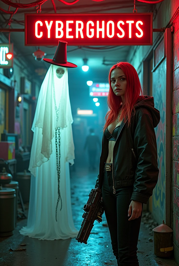 a sign that says "CyberGhosts 2234" with a ghost wearing a magician's hat and chains on his hands and body like a wandering soul accompanied by a cyborg girl with a gun in her hands, long red hair and bangs, brown skin and brown eyes, located in a black market, in cyberpunk style