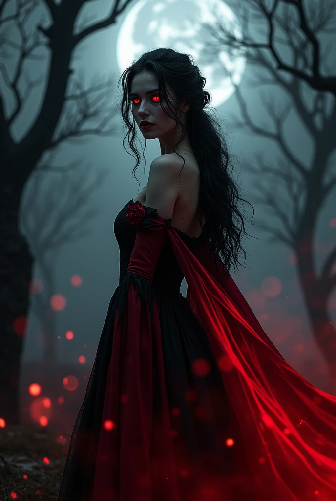 Sexy older sister Black and red hair(7:3) villain vampire Blood aura Black and red dress