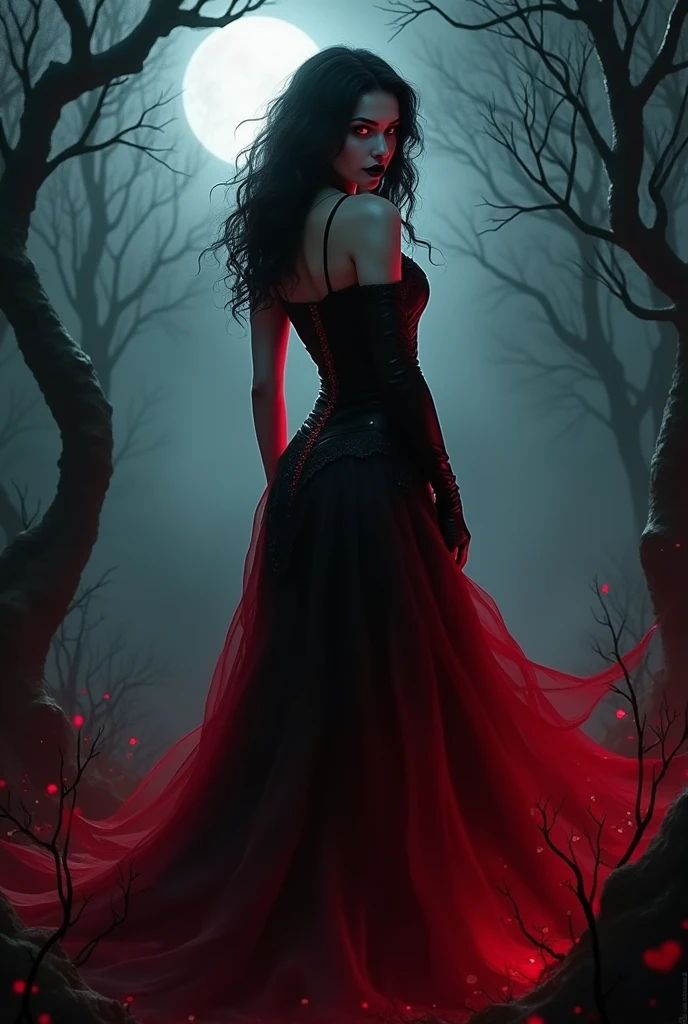 Sexy older sister　Black and red hair(7:3) villain　vampire　Blood aura　Black and red dress