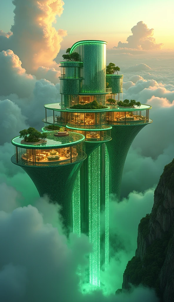 "Design an image of a grand, floating luxury penthouse suspended in the sky among emerald green clouds. The penthouse is made of reflective glass and polished emerald, with large, open terraces featuring lush emerald green gardens and cascading emerald waterfalls. The interior, visible through the glass walls, is furnished with opulent pieces in deep emerald green marble and gold, with chandeliers made of emerald crystal droplets that catch the light. Surrounding the penthouse, the clouds glow softly in shades of emerald and gold as the sun sets, creating an ethereal, dreamlike atmosphere. In the distance, other floating penthouses can be seen, each connected by glowing, emerald green bridges, adding to the surreal, luxurious landscape."