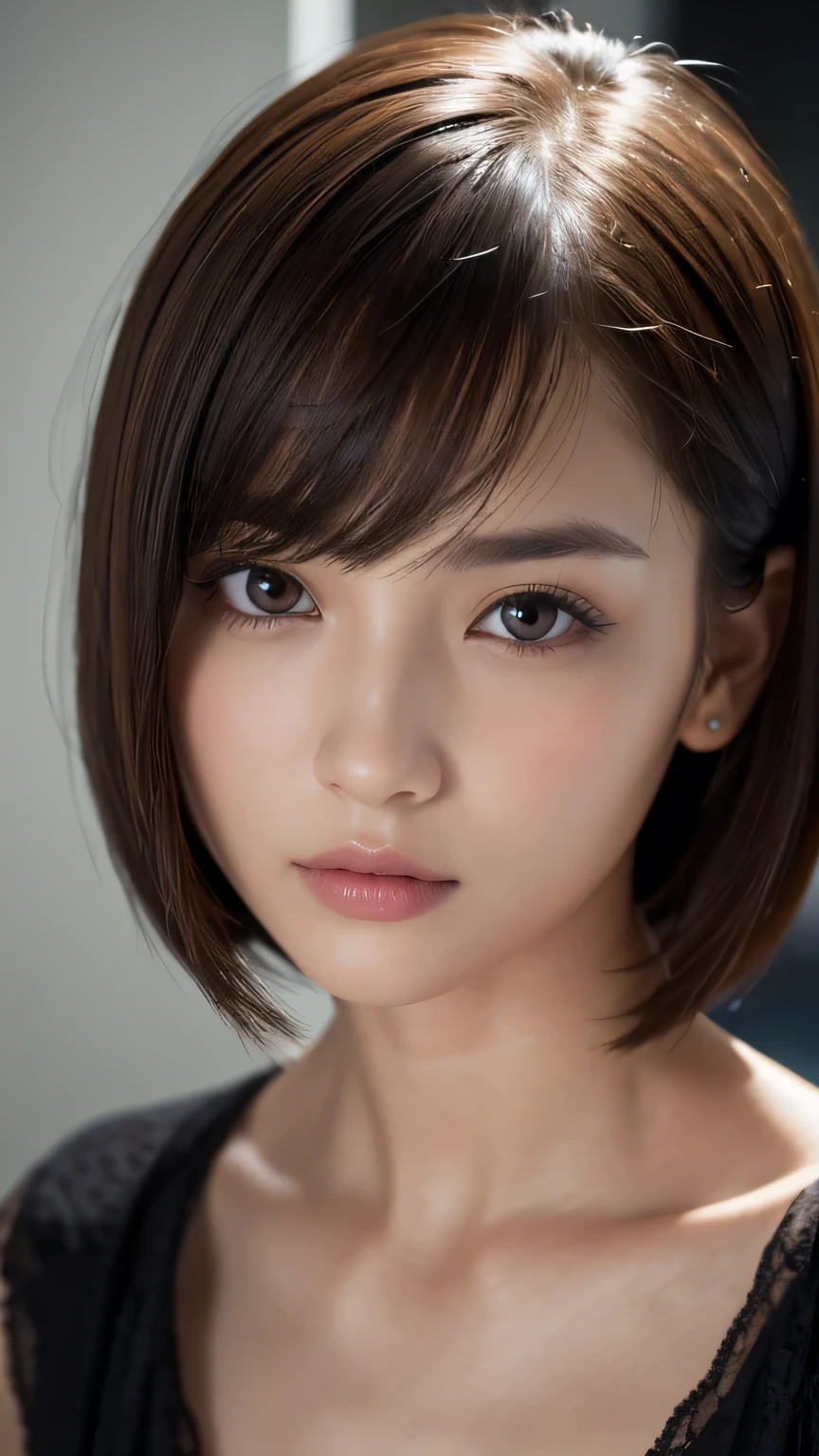 (Ultra-realistic), (figure), (High resolution), (8k), (Very detailed), (Best figure), (Beautiful and detailed), (Highest quality), (Super detailed), (masterpiece), (wallpaper), (Detailed face), alone, One Girl, watching viewer, career woman、Pensive、Less exposure、Fine details, Detailed face, In the Dark, Deep Shadow, Modest, Pure Erotic Face Ace_v1, cool, short hair, Pointed diagonal bangs,