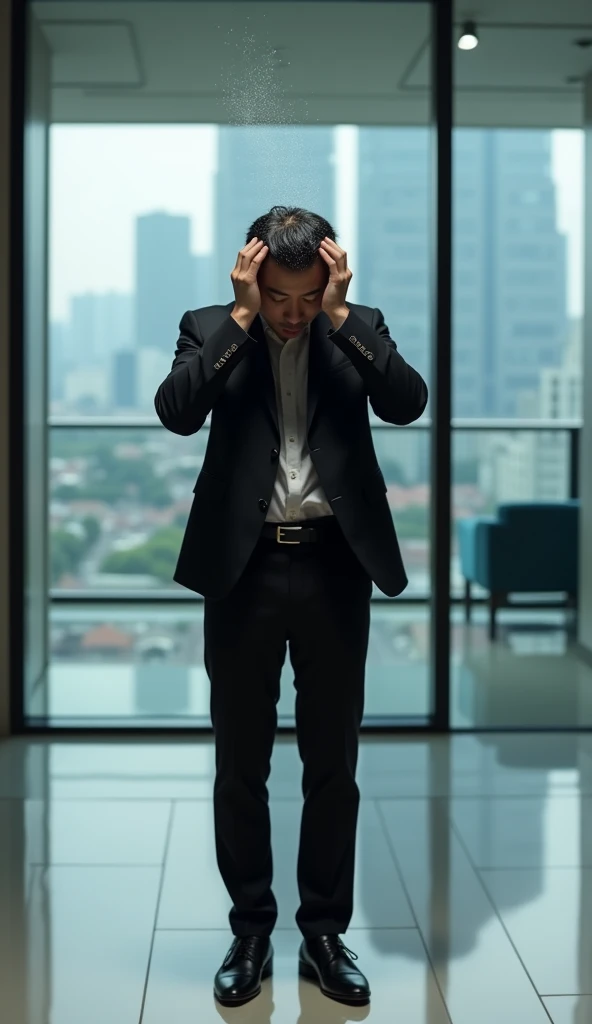Create a handsome Asian man，Beautiful big eyes，Standing on the ground，Wears black professional attire，Scratching the scalp with both hands，There is a lot of dandruff on the top of the head，White fine dandruff on the top of the head，The expression is unhappy，The characters are realistic and realistic，Office Background，9:16 frames，Ultra-high-definition picture quality