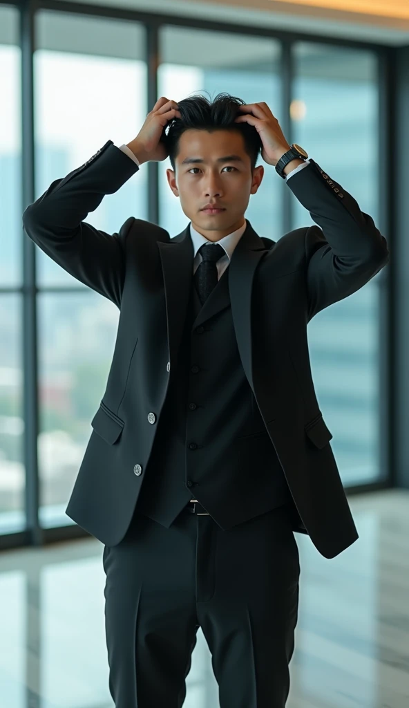 Create a handsome Asian man，Beautiful big eyes，Standing on the ground，Wears black professional attire，Scratching the scalp with both hands，There is a lot of dandruff on the top of the head，White fine dandruff on the top of the head，The expression is unhappy，The characters are realistic and realistic，Office Background，9:16 frames，Ultra-high-definition picture quality