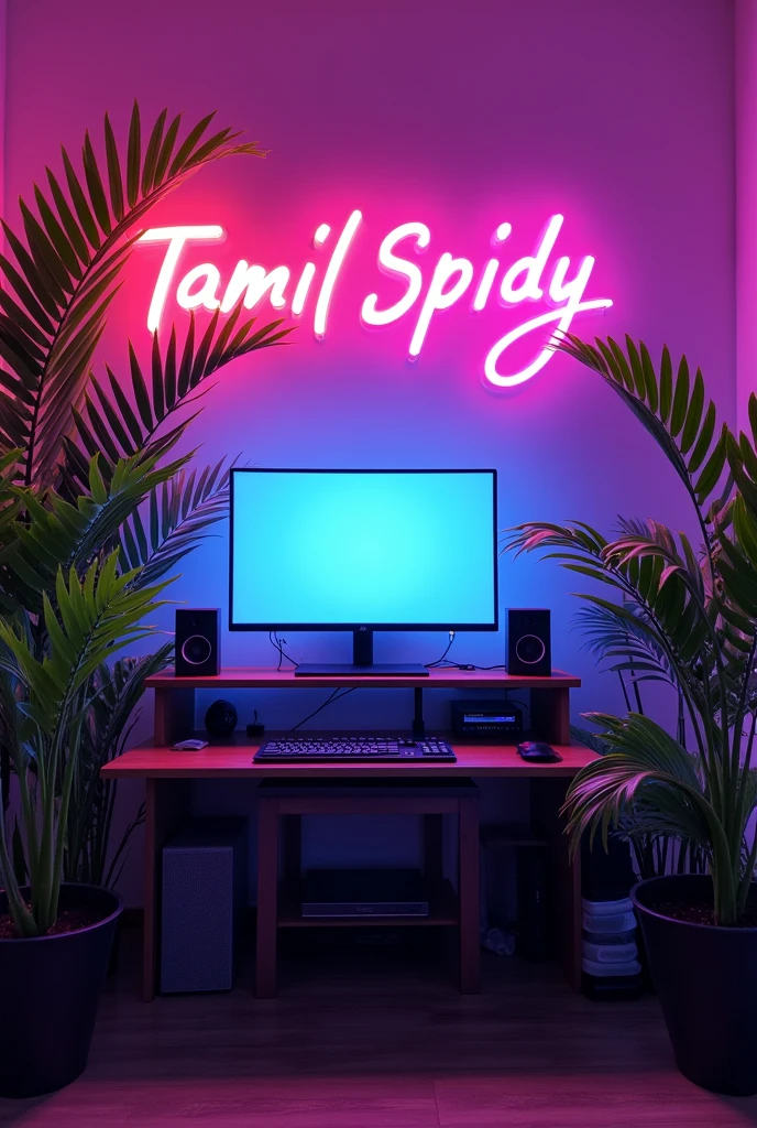 Vertical video size of image ,tamil_Spidy channel present name was top of center ,plant, monitor , purple brightness room, light,more decoration items, electronic technology related things Sounders
