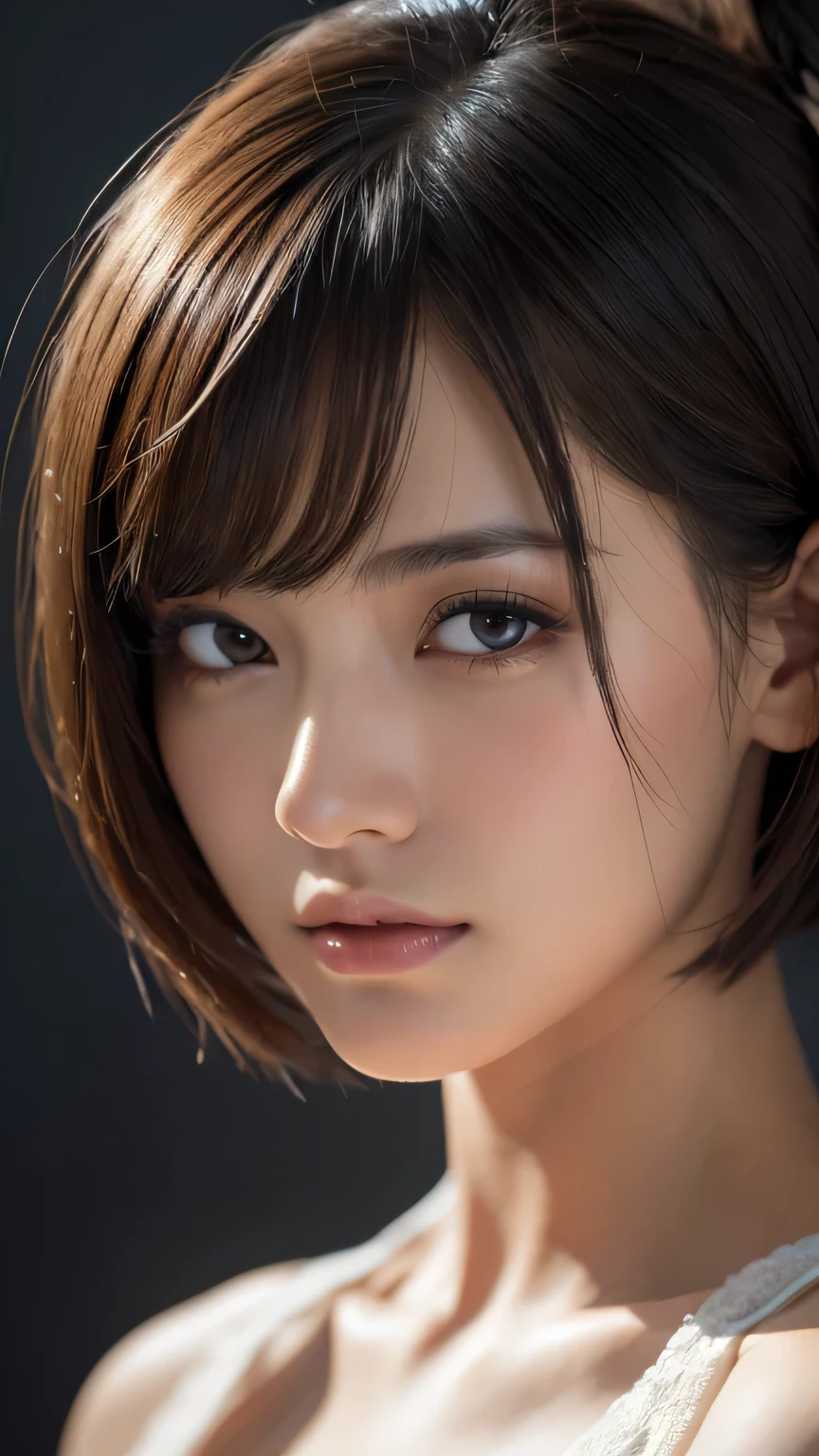 (Ultra-realistic), (figure), (High resolution), (8k), (Very detailed), (Best figure), (Beautiful and detailed), (Highest quality), (Super detailed), (masterpiece), (wallpaper), (Detailed face), alone, One Girl, watching viewer, career woman、Pensive、Less exposure、Fine details, Detailed face, In the Dark, Deep Shadow, Modest, Pure Face Ace_v1, cool, short hair, Pointed diagonal bangs,