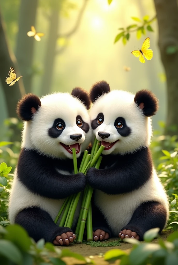 Panda、cute、Eating bamboo、2 heads