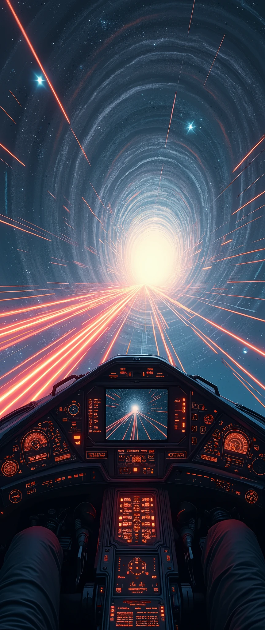(masterpiece:1.2,Highest quality,Super detailed,Realistic,Ultra-high Resolution Camera),8k,wallpaper,The view from the cockpit of a spaceship traveling at warp speed,(Expressing ultra-high speed with a line of light:2.0),(wormhole),universe space,Magnificent landscape painting,(Drawing of the spaceship cockpit:2.0),dynamic
