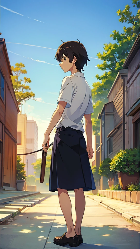 Flat hand-painted background Makoto Shinkai&#39;s blue sky with a studio and a city underneath. Drone aircraft large background generated from the perspective of the rooftop. The sky accounts for a large proportion of the scene. Looking up at the drone, there are no characters