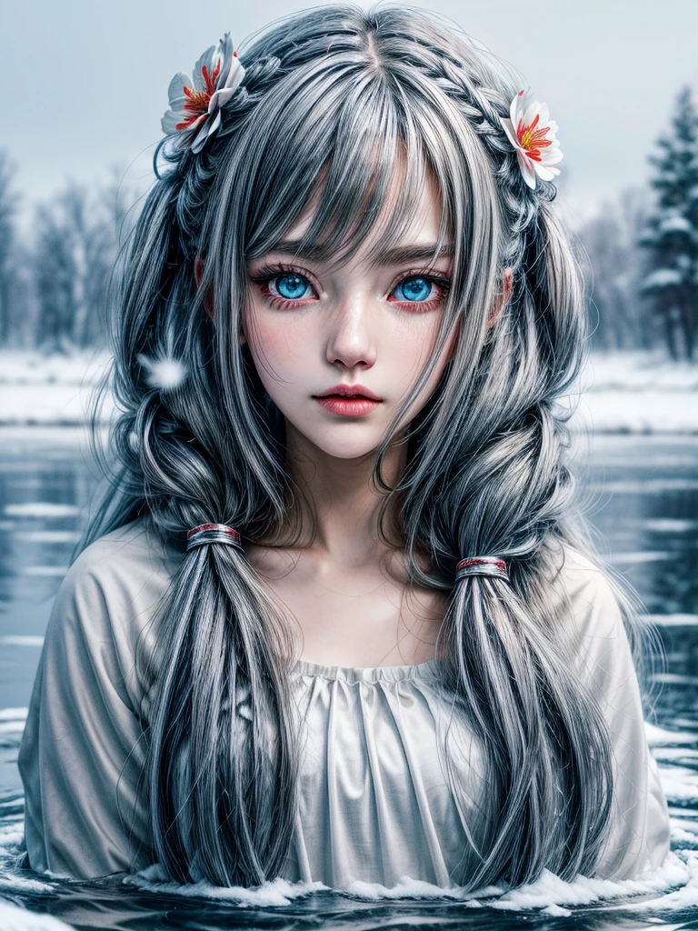 an anime girl with long hair and a snowy background in the water, 1girl, heterochromia, solo, hair ornament, hair flower, halo, blue eyes, red eyes, twintails, long hair, flower, looking at viewer, crossed bangs, bangs, snow, upper body, hair between eyes, ahoge , (best quality, masterpiece, ultra-detailed, illustration),(8K wallpaper),(beautiful detailed eyes), beautiful, amazing, detailed eyes, (detailed skin)