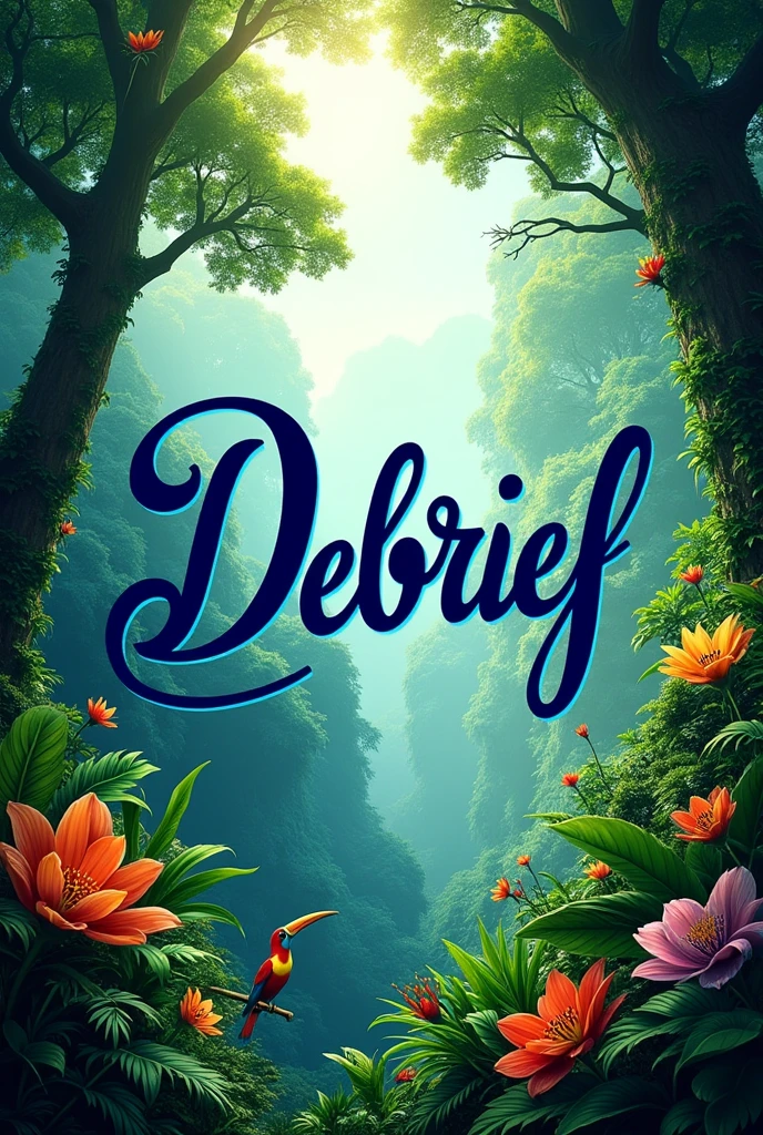 Create an image for a news channel, which's name is 'Debrief'. Create an calligraphy type logo in a jungle and the theme colour is blue. I repeat, Calligraphy!