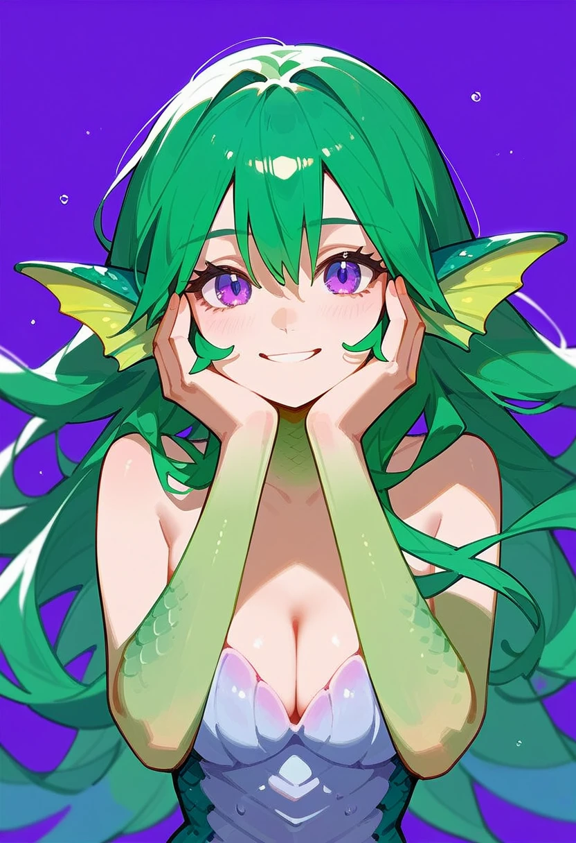 1girl, long hair, breasts, looking at viewer, smile, blue eyes, cleavage, medium breasts, purple eyes, green hair, monster girl, purple background, scales, hands on own face, mermaid, shell