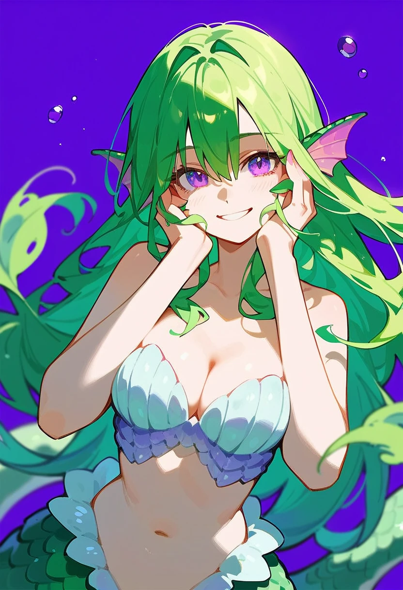 1girl, long hair, breasts, looking at viewer, smile, blue eyes, cleavage, medium breasts, purple eyes, green hair, monster girl, purple background, scales, hands on own face, mermaid, shell