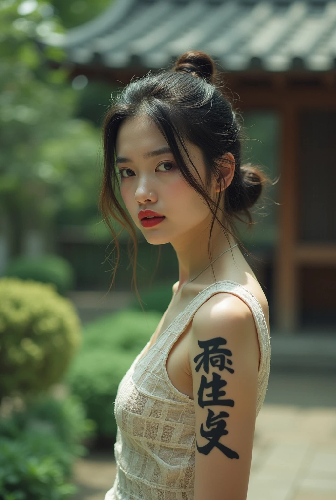 editorial photography,super detailed background,Super realistic,double exposure,depth of field,cool beauty skinny vides,soft focus tone,narrative scene,Zen temple garden,open Crimson lips,Wabi-Sabi,narrow eyes,Kanji tattoo,waist shot,