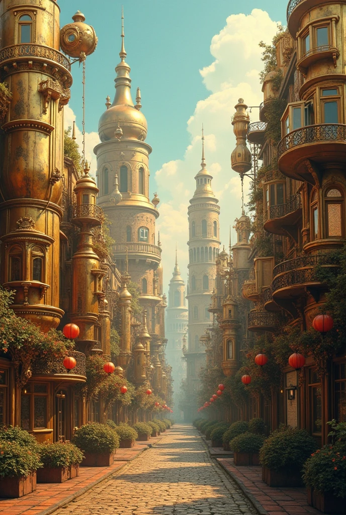 A city with towering, brass-covered buildings and winding, cobblestone streets. The sky is a blend of soft pastels, and the atmosphere feels like a surreal 1950s dream. Gears and cogs are subtly embedded in the architecture, creating a seamless blend of steampunk and dreamcore aesthetics