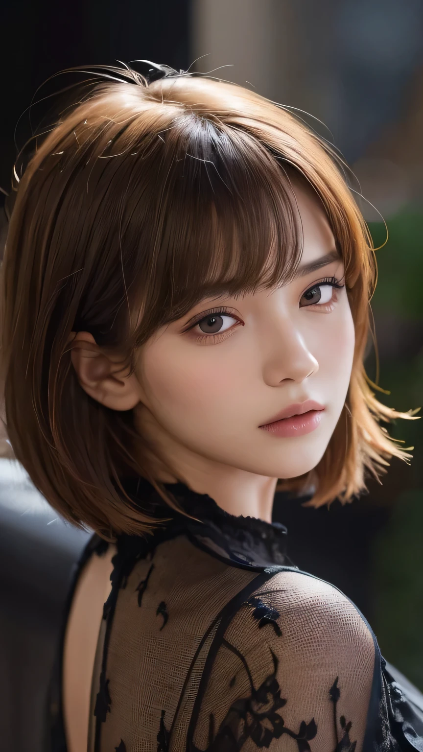 (Ultra-realistic), (figure), (High resolution), (8k), (Very detailed), (Best figure), (Beautiful and detailed), (Highest quality), (Super detailed), (masterpiece), (wallpaper), (Detailed face), alone, One Girl, watching viewer, one piece、Pensive、Less exposure、Fine details, Detailed face, In the Dark, Deep Shadow, Modest, Pure Erotic Face Ace_v1, cool, short hair, Pointed diagonal bangs,
