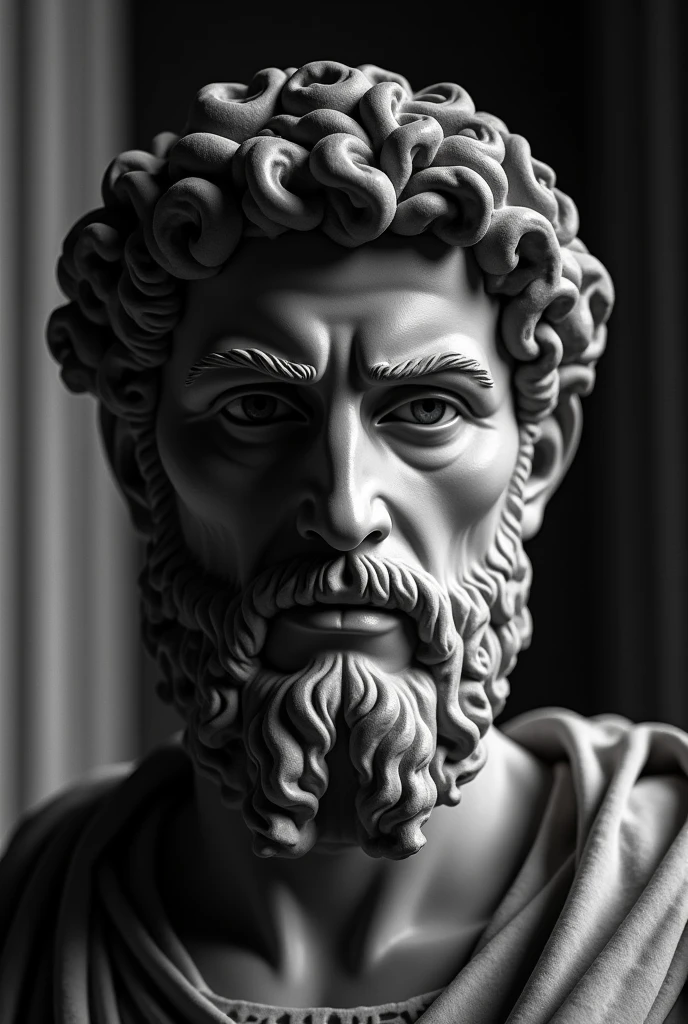 "Create a shadowy, monochrome portrait of Marcus Aurelius, with intense, piercing eyes and a contemplative expression. Incorporate subtle textures or a faint, ancient Roman backdrop to enhance the depth and seriousness of the image."