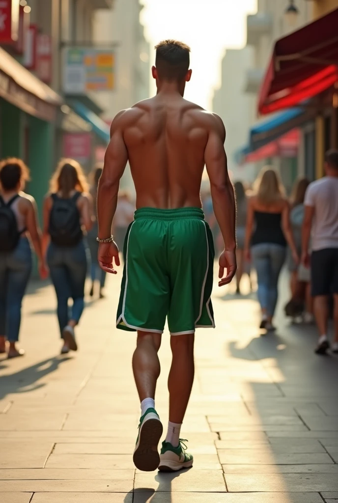 A fit male model walking down a sidewalk. He’s modeling semi-tightly fitted green basketball shorts. He has a round, bubbly, voluptuous pair of buttocks that is only emphasized by these shorts. Perspective is directly behind him.