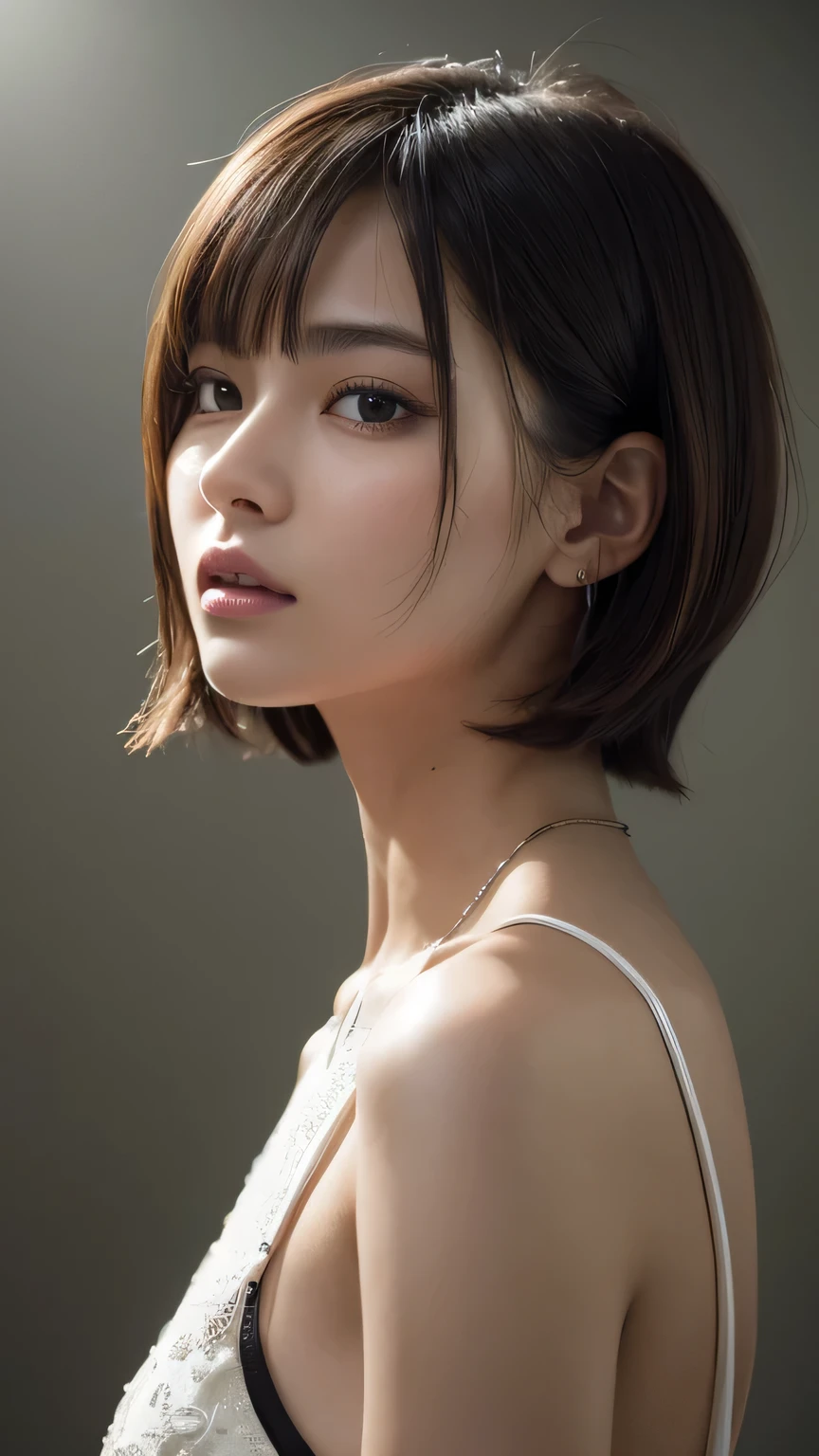 (top-quality、16K resolution)1人、独奏、natural soft light、small tits、A Japanese Lady、Looking at the camera、White camisole、(Concrete background)、Facing the front、is standing、bobhair、Woman in her late teeight bangs、short-hair、Salon model、Natural look、portlate、floated hair、Rolled hair
