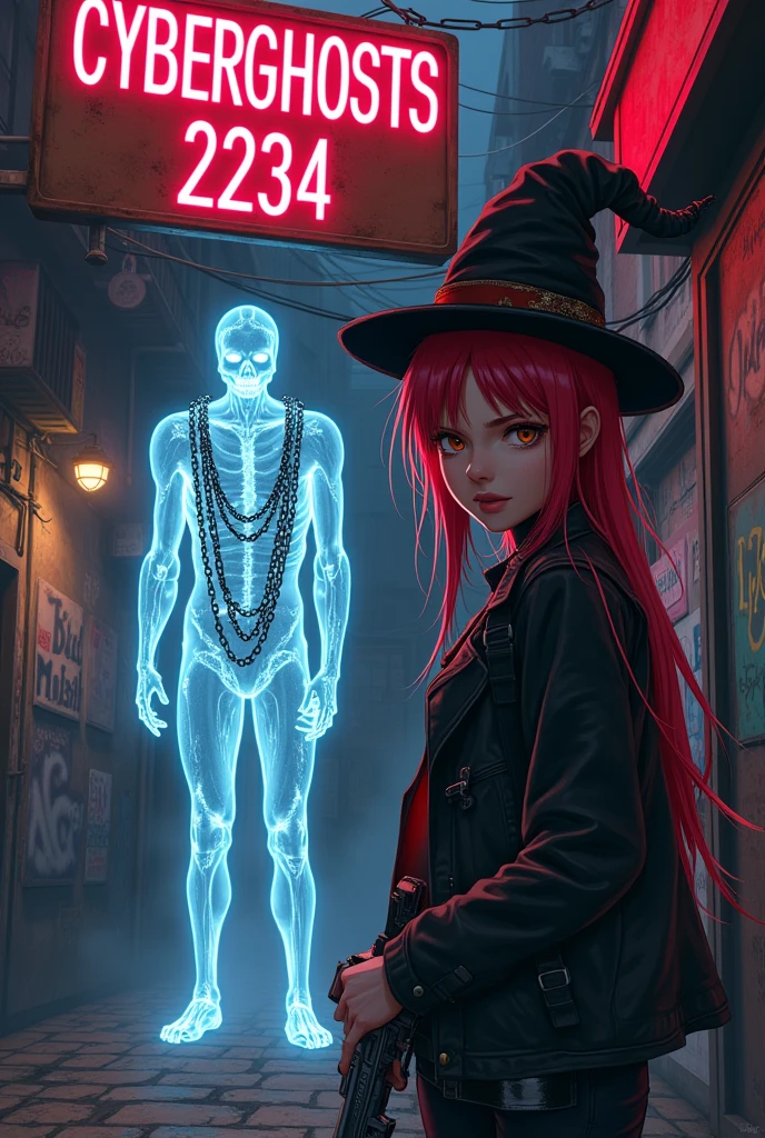 a sign that says "CyberGhosts 2234" with a ghost wearing a magician's hat and chains on his hands and body like a wandering soul accompanied by a cyborg girl with a gun in her hands, long red hair and bangs, brown skin and brown eyes, located in a black market, in a cyberpunk and anime style