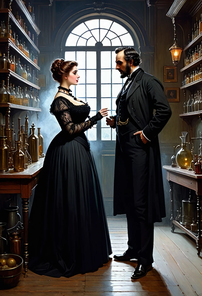 Full-length view, a tall, buxom, full-figured, pretty Victorian widow in a black dress, Fear-filled, Standing fearfully together with a sinister-looking gentleman in a dark ancient laboratory and talking to him , by Jean Béraud, inspired by Jean Béraud, inspired by Édouard Detaille, edouard leon cortes, inspired by Ivan Kramskoi, inspired by Jean-Louis-Ernest Meissonier, by Édouard Detaille, inspired by Paul Émile Chabas