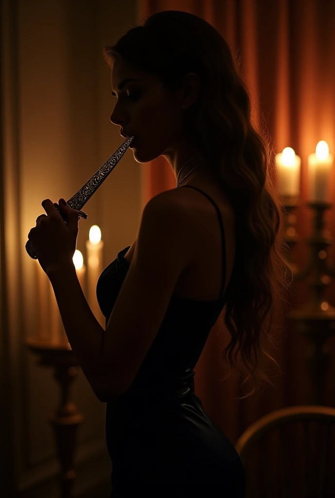 A silhouette of rich girl licking a knife.