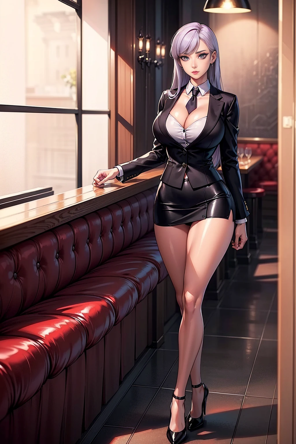 sakuyarindou768, female,(Wearing business outfit,formal jacket,neck tie, tie,white shirt, skirt, heels,High waist Skirt)( big perfect round breastlass body, thin waist,btpt-fc,Photo realistic, (hyperrealistic:1)beautiful, masterpiece, best quality, extremely detailed face, perfect lighting,detailed eye makeup, detail face, nice detailed eyes,nice hands, perfect hands (realistic pupils,realistic iris:1) heavy eye makeup (working at a restaurant, background restaurant), cleavage, thit skirt, sexy