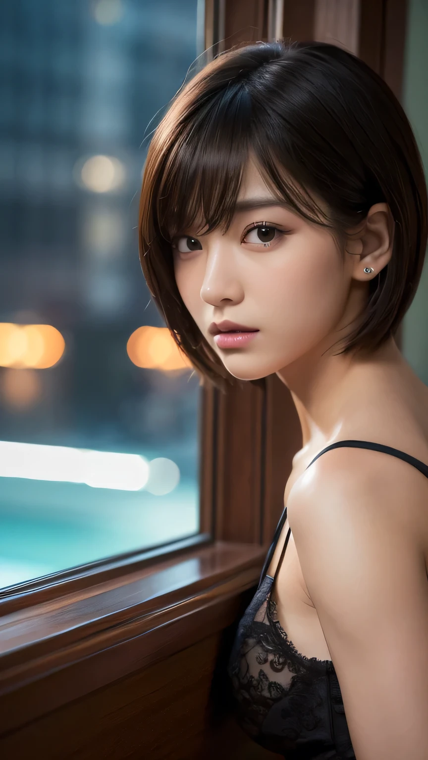 (Ultra-realistic), (figure), (High resolution), (8k), (Very detailed), (Best figure), (Beautiful and detailed), (Highest quality), (Super detailed), (masterpiece), (wallpaper), (Detailed face), alone, One Girl, watching viewer, View from the hotel window、Pensive、Less exposure、Fine details, Detailed face, In the Dark, Deep Shadow, Modest, Pure Erotic Face Ace_v1, cool, short hair, Pointed diagonal bangs,