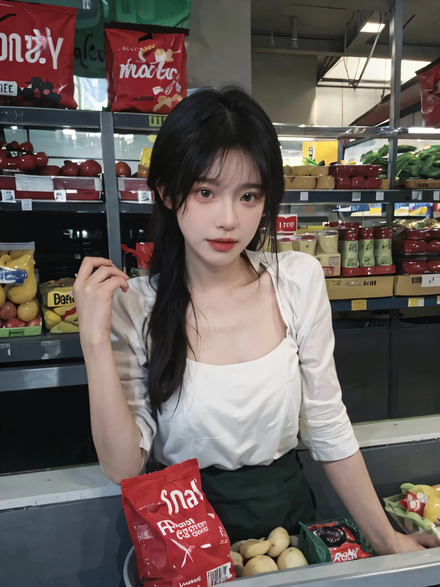 best quality，masterpiece，Ultra-high resolution，（lifelike:1.4)，1 girl，Sexy，（supermarket:1.2），（Big breasts：1.2)，（Upper body：1.4）