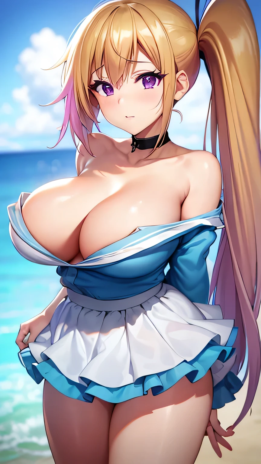 Perfect composition,masterpiece, (Highest quality), Adult women, bionde, Hair length, Side Ponytail, Purple eyes,sweater, skirt,Huge Cleavage,Sexy woman, Embarrassing,blush, Bright colors,,Natural soft light,RTTX 10.0, (Detailed face:1.2), Showcase, (Perfect Eyes:1.1) ,(Photorealistic:1.1), 8k Ultra HD, Look at the viewers, Seaside, beach, Simple Background,(Cleavage:1.4),Tremendously large bust,Huge bust,(throw,Close-up shot:1.2),From the top of the head to the waist,kimono,