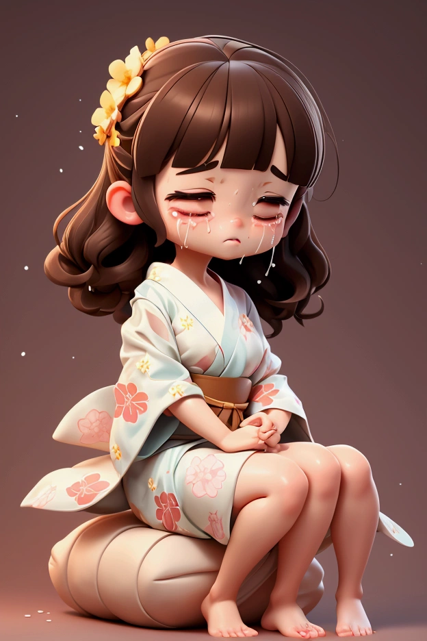 A cute YUKATA-wearing, off-shouldered, small-breasted girl with a slim body and big eyes covered with massive semen and blunt bangs in brown hair is crying and lying on her back, unwillingly.、Her breasts are being massaged by a man while she is vigorously shaking back and forth。