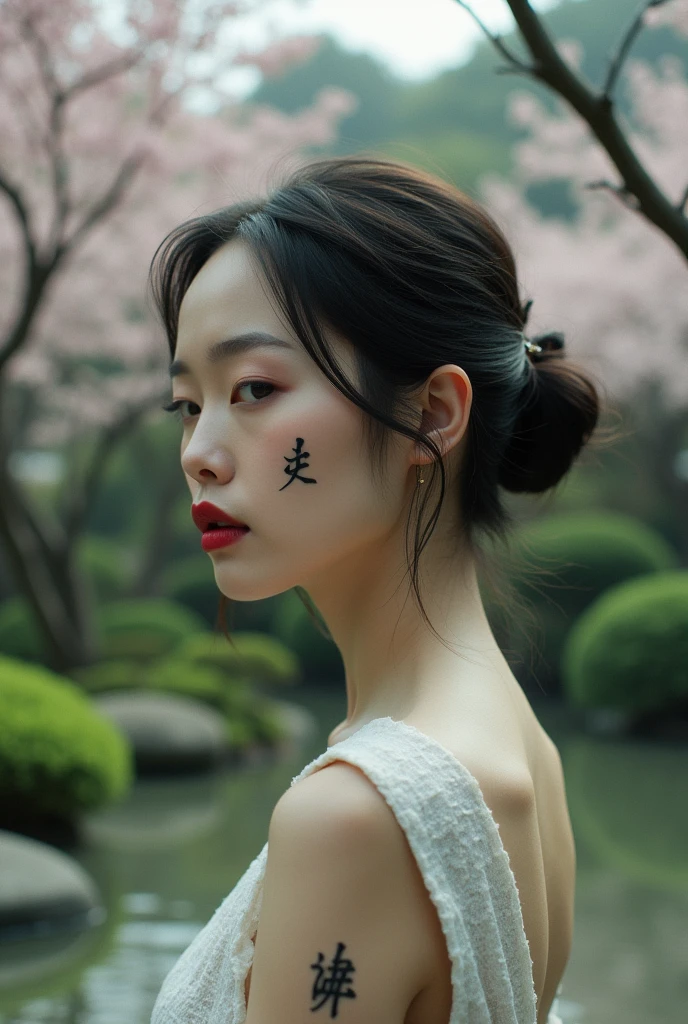 editorial photography,super detailed background,Super realistic,double exposure,depth of field,cool beauty skinny vides,soft focus tone,narrative scene,Zen temple garden,open Crimson lips,Wabi-Sabi,narrow eyes,Kanji tattoo on face,waist shot,