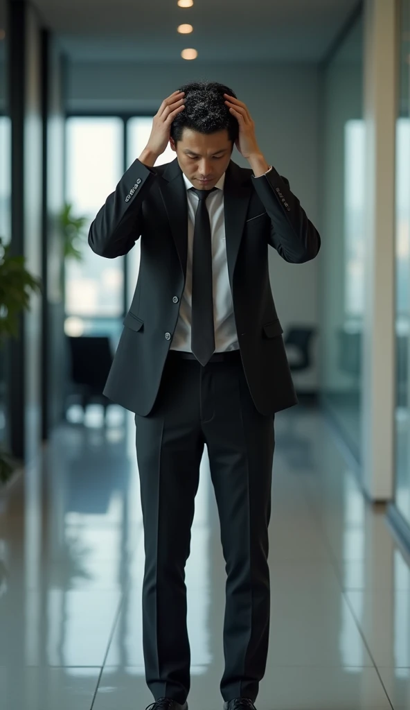 Create a handsome Asian man,Beautiful big eyes,Standing on the ground,Wears black professional attire,Scratching the scalp with both hands,There is a lot of dandruff on the top of the head,White fine dandruff on the top of the head,The expression is unhappy,The characters are realistic and realistic,Office Background,9:16 frames,Ultra-high-definition picture quality