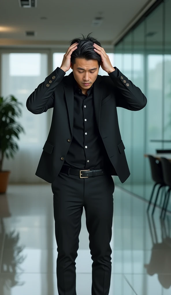 Create a handsome Asian man,Beautiful big eyes,Standing on the ground,Wears black professional attire,Scratching the scalp with both hands,There is a lot of dandruff on the top of the head,White fine dandruff on the top of the head,The expression is unhappy,The characters are realistic and realistic,Office Background,9:16 frames,Ultra-high-definition picture quality