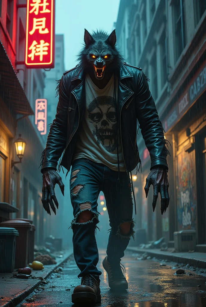 "In a shadowy, rain-soaked alleyway in a decaying urban environment, a terrifying creature stalks the night. This being is a chilling fusion of human and werewolf, towering with a muscular build. It wears tattered yet modern clothing—a ripped black leather jacket over a shredded graphic t-shirt, and torn jeans that barely cling to its monstrous form. The creature's face is a grotesque mix of human and wolf features, with glowing yellow eyes, sharp fangs, and a snarling snout. Dark, matted fur covers parts of its body, interspersed with patches of scarred human skin.
The background is a bleak, abandoned city street, lined with crumbling buildings covered in graffiti. Flickering neon signs cast eerie glows, and the distant sound of malfunctioning electronics hums through the air. Trash and debris litter the wet pavement, while broken streetlights struggle to illuminate the scene. The creature's claws click against the pavement as it moves, and shadowy figures can be seen lurking in the distance, suggesting it’s not alone. The rain-soaked ground reflects the dim lights, adding a layer of slickness and tension to the scene. The combination of the creature's modern, torn clothing and the decaying cityscape amplifies the horror, creating a sense of impending doom in this nightmarish urban jungle."
