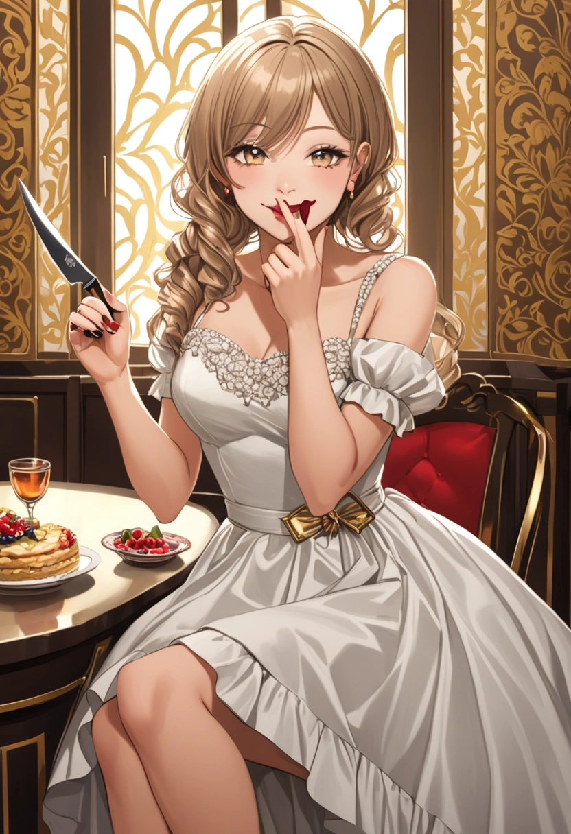 A rich girl in a dress licking a knife smiling at the camera.