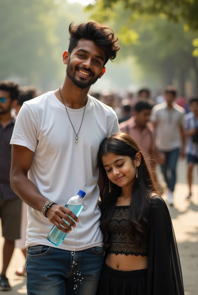 a real Indian 23 year old cute boy beautiful slim girl have a big boobs and showing cleavage in black lehenga, boy chatching a watter bottel hands and water falling on girl's brest, and girl are sleeping boy wearing white t-shirt there are some other people on the road, front facing , the background behind the boy and girl is blurred, beautiful realistic photo, very beautiful photo, 4k hd realistic image.