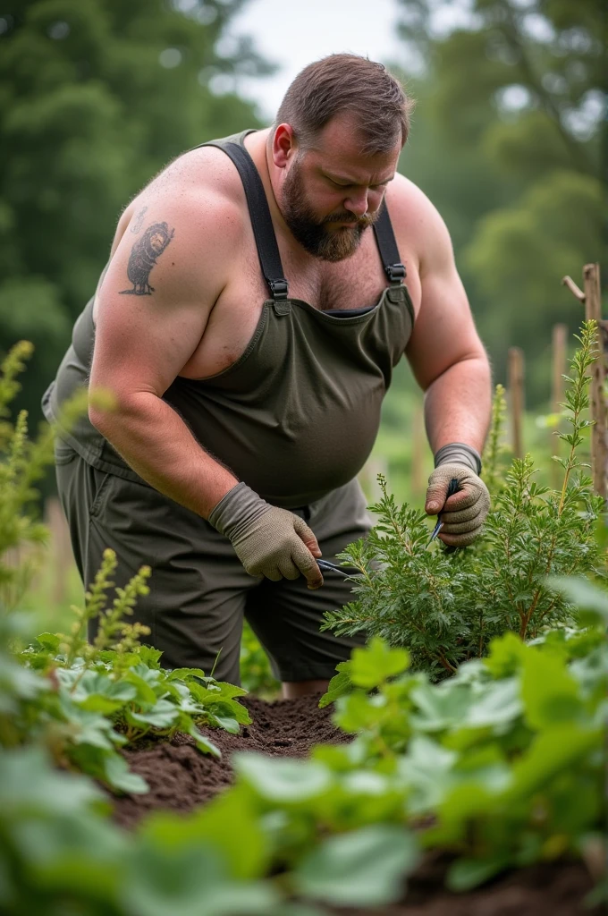 Fat guy doing gardening