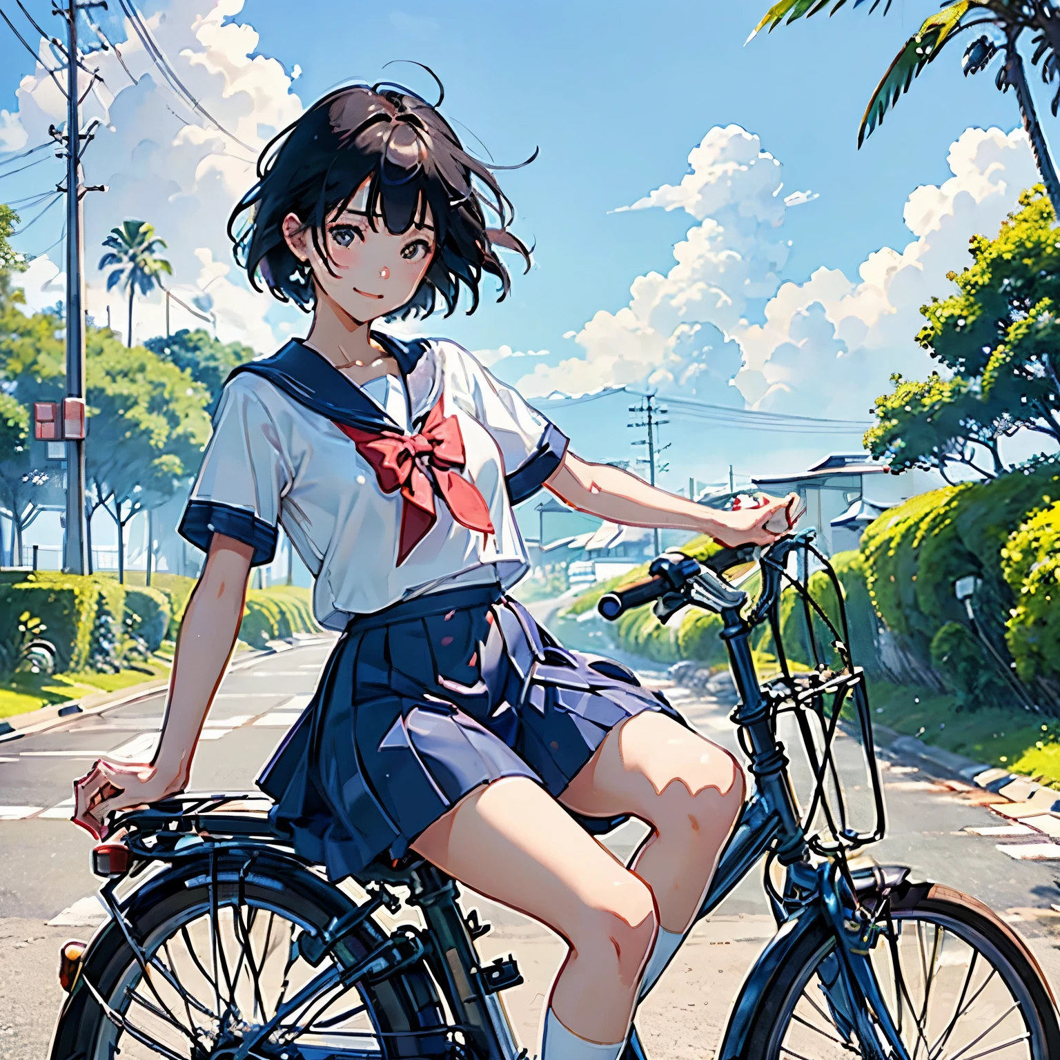 (A Japanese high school girl riding a white bicycle and running briskly)、A white sailor dress with short sleeves、Black Hair、black eye、Medium Hair、short hair、Straight hair、smile、Slim and well-proportioned body type,、Wear loafers、A gentle breeze、Palm tree、countryside、A little overgrown grass、Beautiful blue sky and white clouds、(Highest quality, masterpiece, High resolution)、8k、wallpaper、