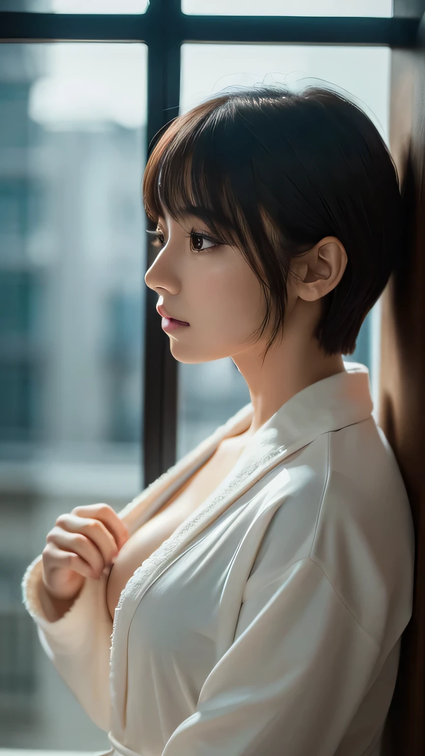 (Ultra-realistic), (figure), (High resolution), (8k), (Very detailed), (Best figure), (Beautiful and detailed), (Highest quality), (Super detailed), (masterpiece), (wallpaper), (Detailed face), alone, One Girl, watching viewer, View from the hotel window、Bathrobes、Pensive、Less exposure、Fine details, Detailed face, In the Dark, Deep Shadow, Modest, Pure Erotic Face Ace_v1, cool, short hair, Pointed diagonal bangs，