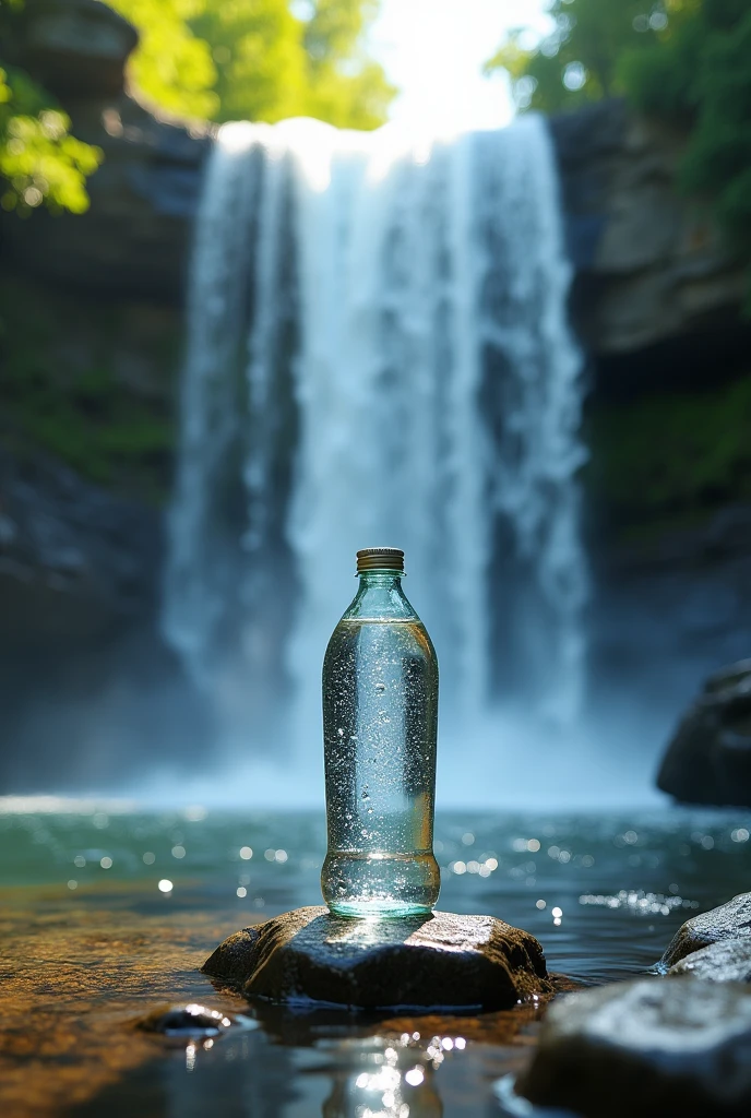 The waterfall and a bottle of purified water under the waterfall, a cinematic perspective